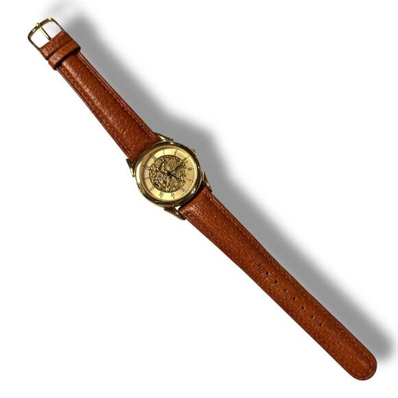 VTG Express Watch Mens Gold Tone Quartz Skeleton Dial Brown Leather Strap RUNS main image 3